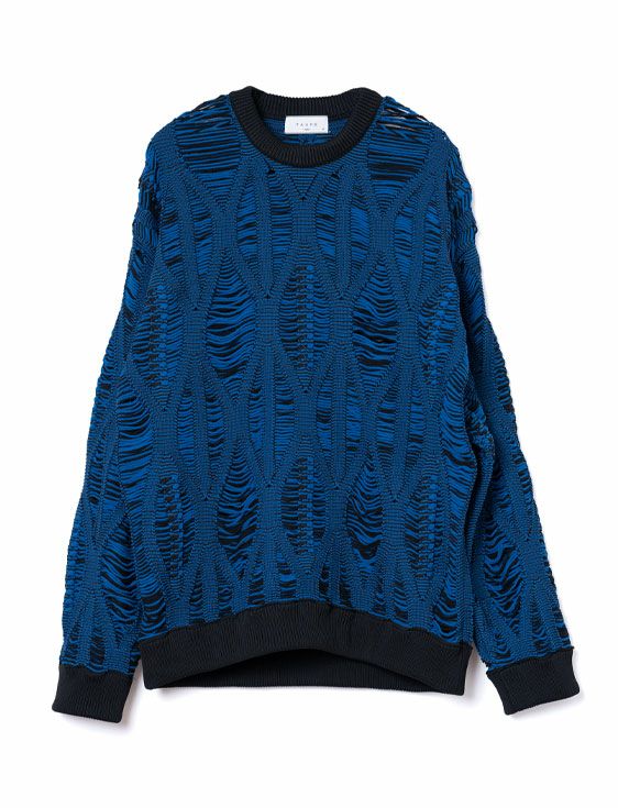 TAUPE/トープ/LACE ARAN CREW-NECK KNIT/BLUE/ブルー