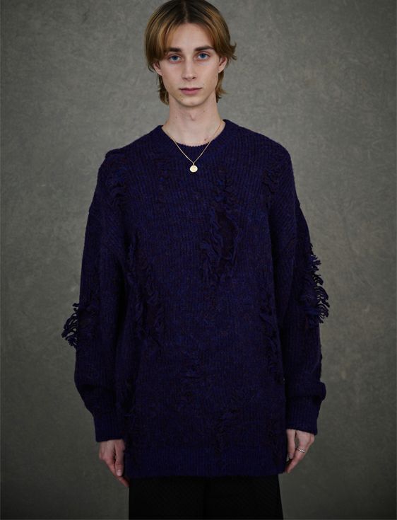 TAUPE/トープ/ALPACA CRASH CREW NECK KNIT/BLACK/ブラック