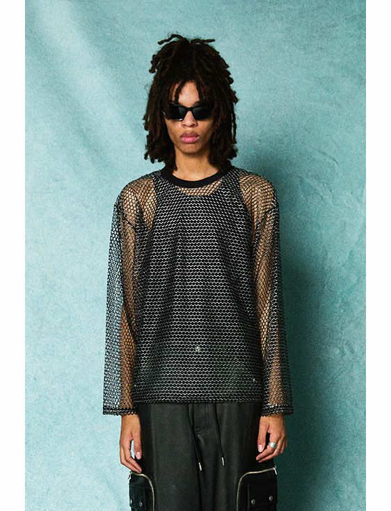 TAUPE/トープ/ LAME ROPE MESH L/S TEE/BLACK/ブラック