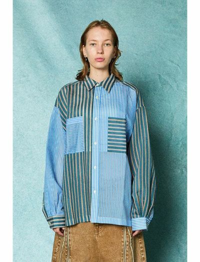 TAUPE/トープ/TRANSPARENT STRIPE LOOSE SHIRTS/SAX BLUE