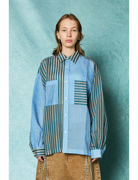 TAUPE/トープ/TRANSPARENT STRIPE LOOSE SHIRTS/SAX BLUE/サックスブルー