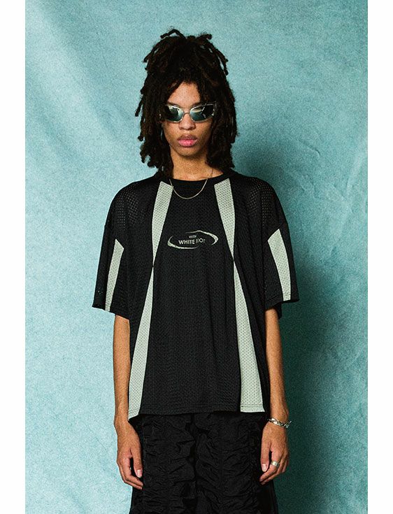 TAUPE/トープ/CONSTRACTIVE BICOLOR MESH TEE/BLACK/ブラック