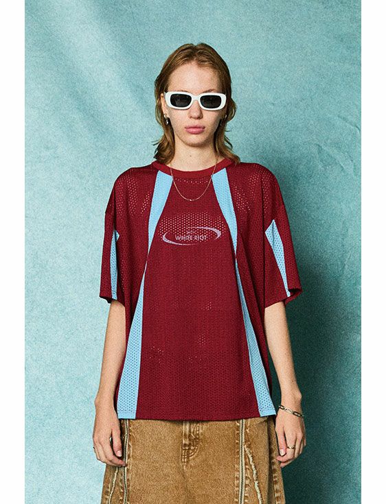 TAUPE/トープ/CONSTRACTIVE BICOLOR MESH TEE/WINE/ワイン